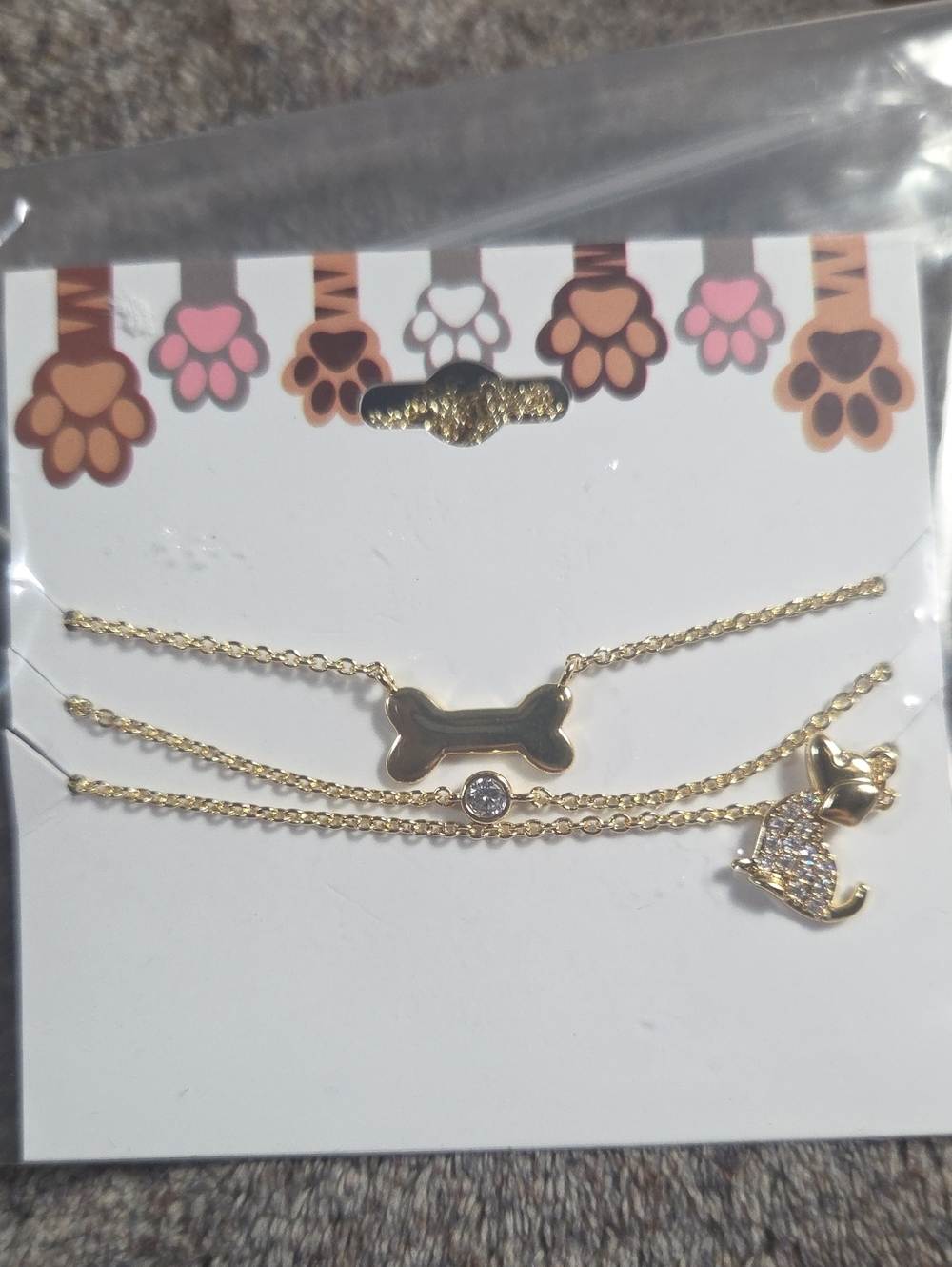 Gold Dog Bone & Paw Pendant Necklace Set - Pet Jewelry